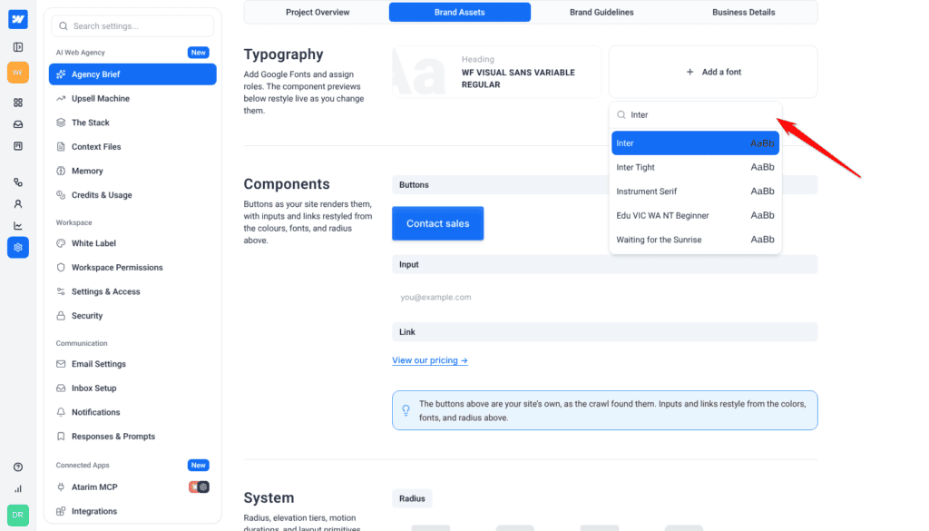 Add a font search listing Google Fonts matches for Inter, each previewed in its own typeface