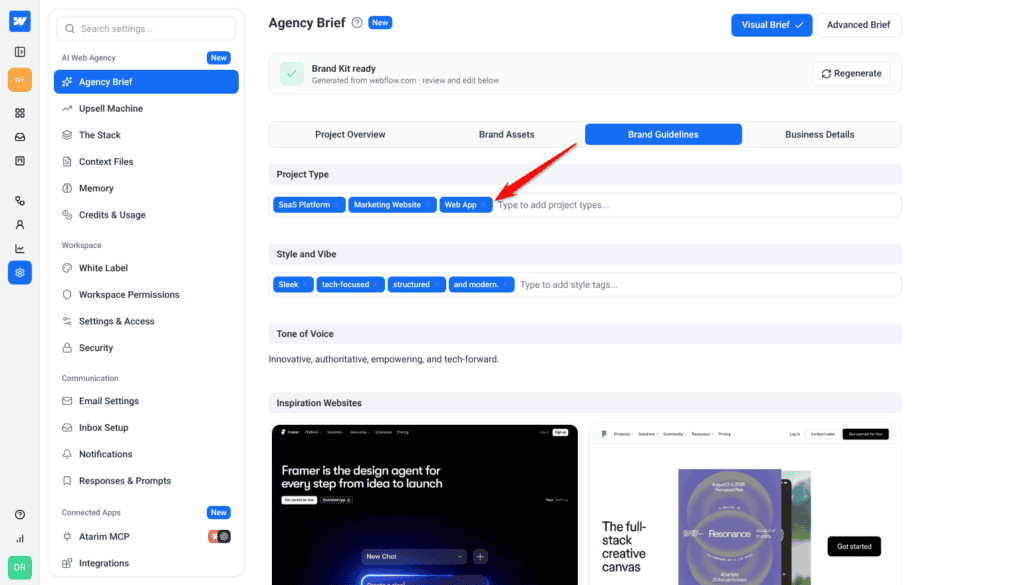 Brand Guidelines tab with Project Type and Style and Vibe shown as removable tags