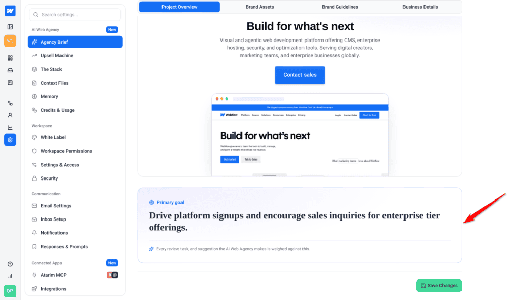 Project Overview tab with the site preview and the Primary goal card