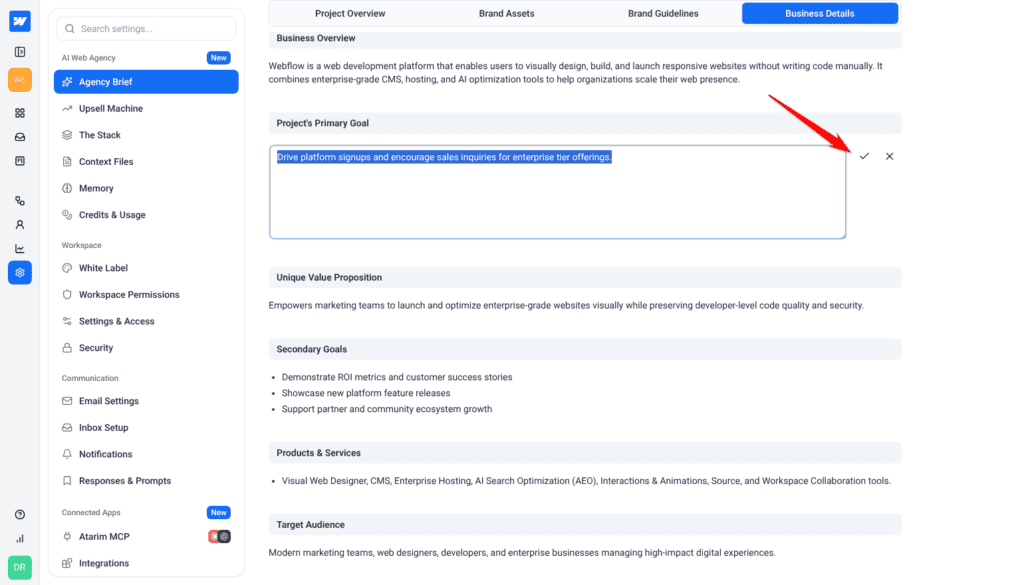 Business Details tab with Project's Primary Goal open for editing and the tick to confirm