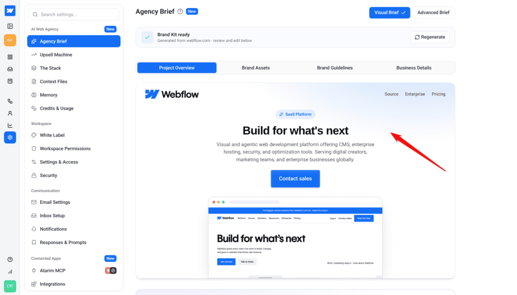 Site preview card on Project Overview, which opens Brand Assets when selected