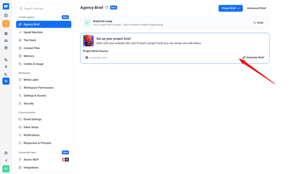 Set up your project brief card with an empty Project Brief Source field and the Generate Brief button