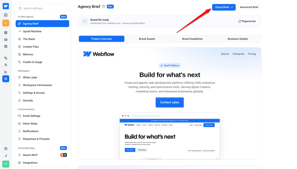 Agency Brief on the Visual Brief view for Webflow, with the Visual Brief toggle selected at top right
