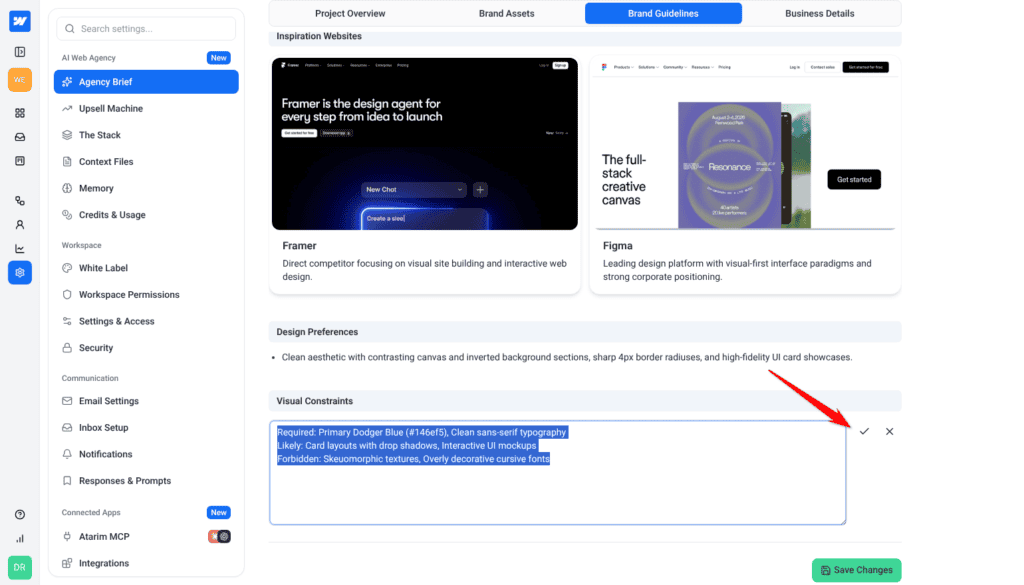 Visual Constraints open for inline editing below Design Preferences and Inspiration Websites