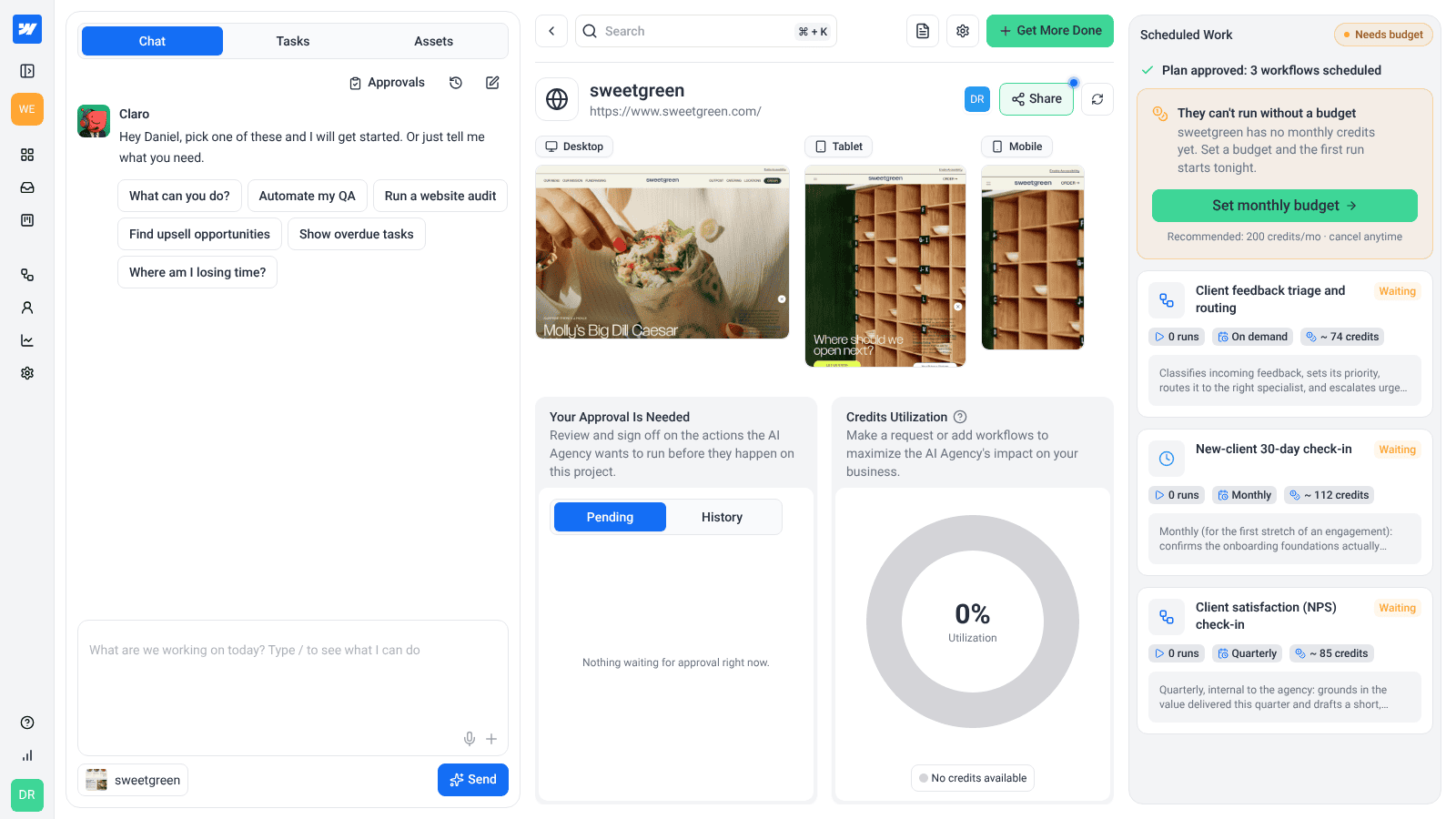 Sweetgreen project dashboard showing Plan approved: 3 workflows scheduled, with the Set monthly budget prompt