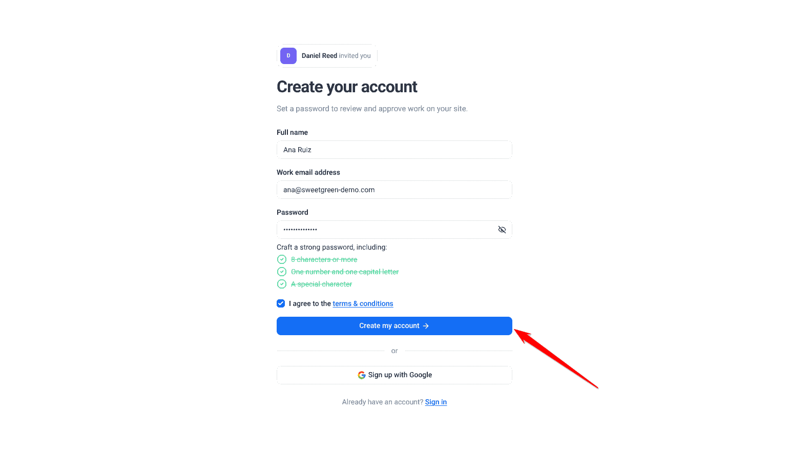 Create your account form with the password requirements met, the terms accepted and Create my account highlighted