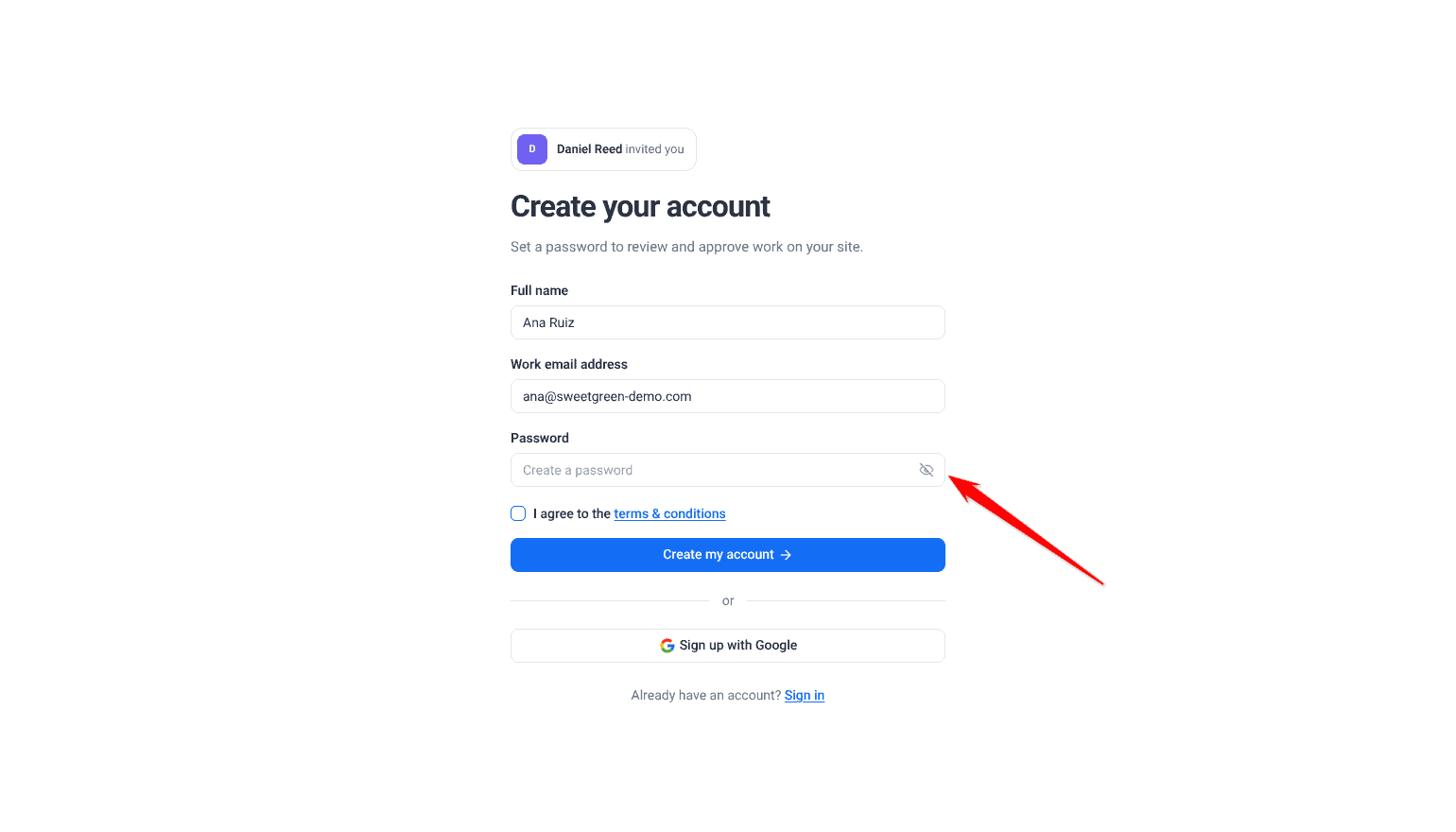 Create your account screen showing Daniel Reed invited you, with the name and email pre-filled and the password field highlighted