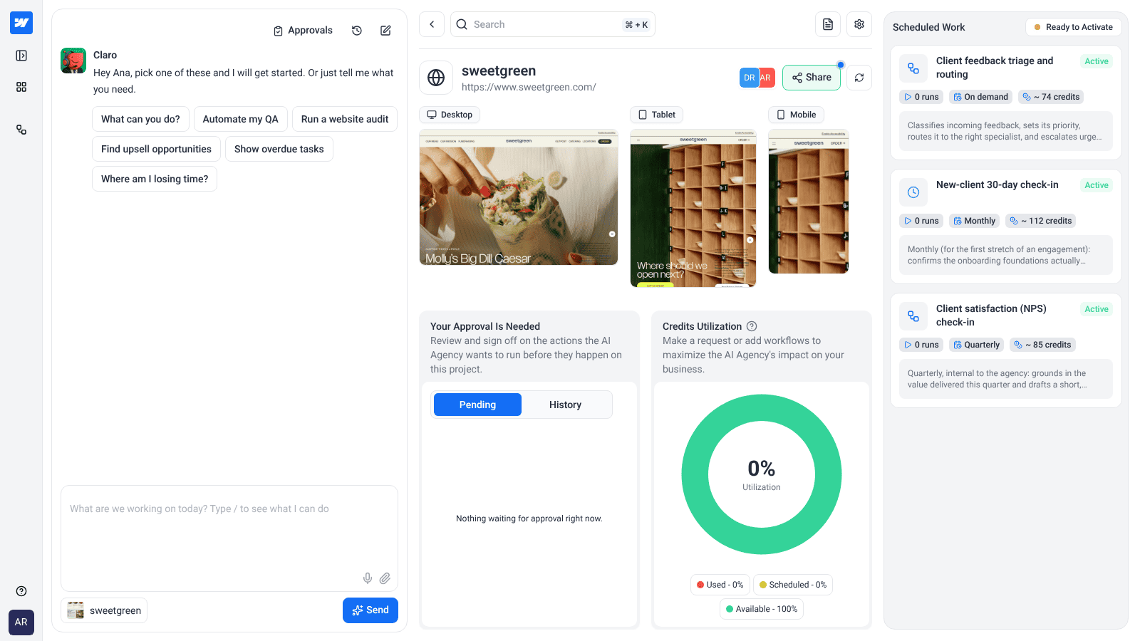 Client view of the Sweetgreen project dashboard, with only Projects and Workflows in the sidebar and the scheduled workflows listed as Active