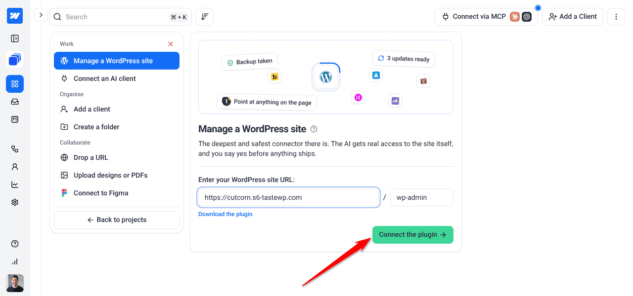 Manage a WordPress site panel with the Connect the plugin button