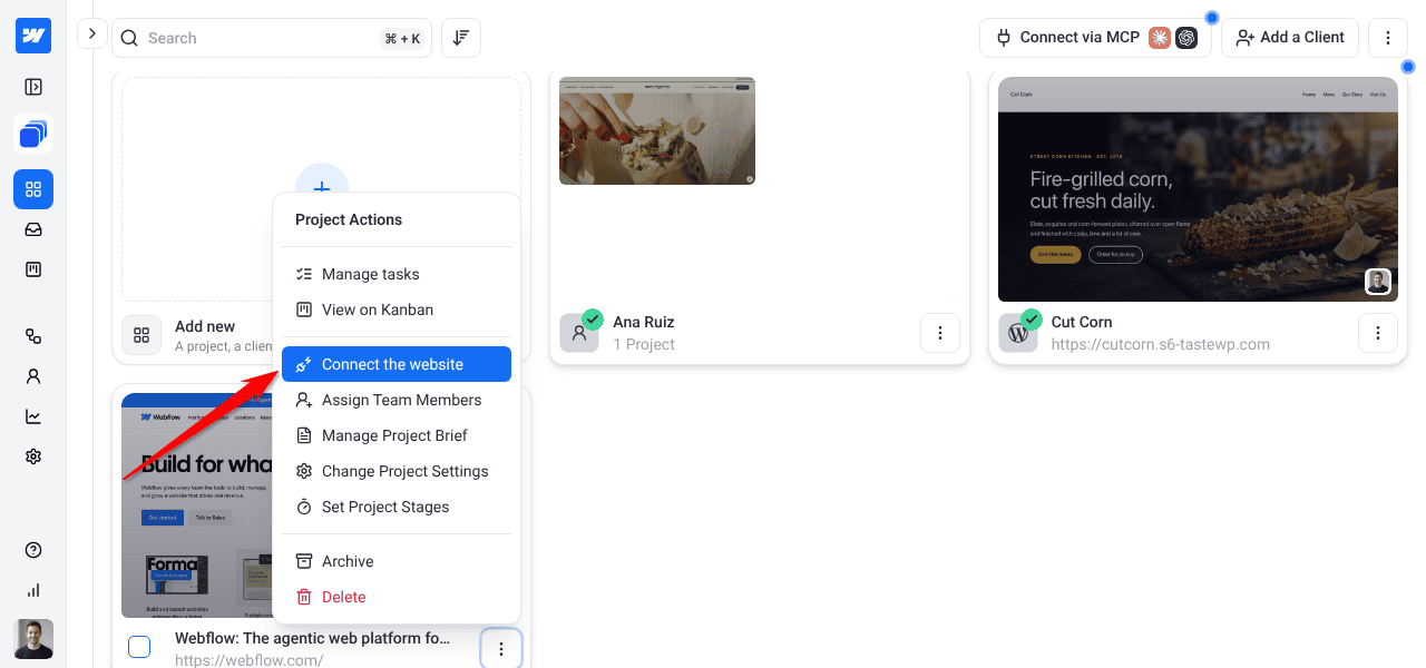 Project card menu with Connect the website highlighted