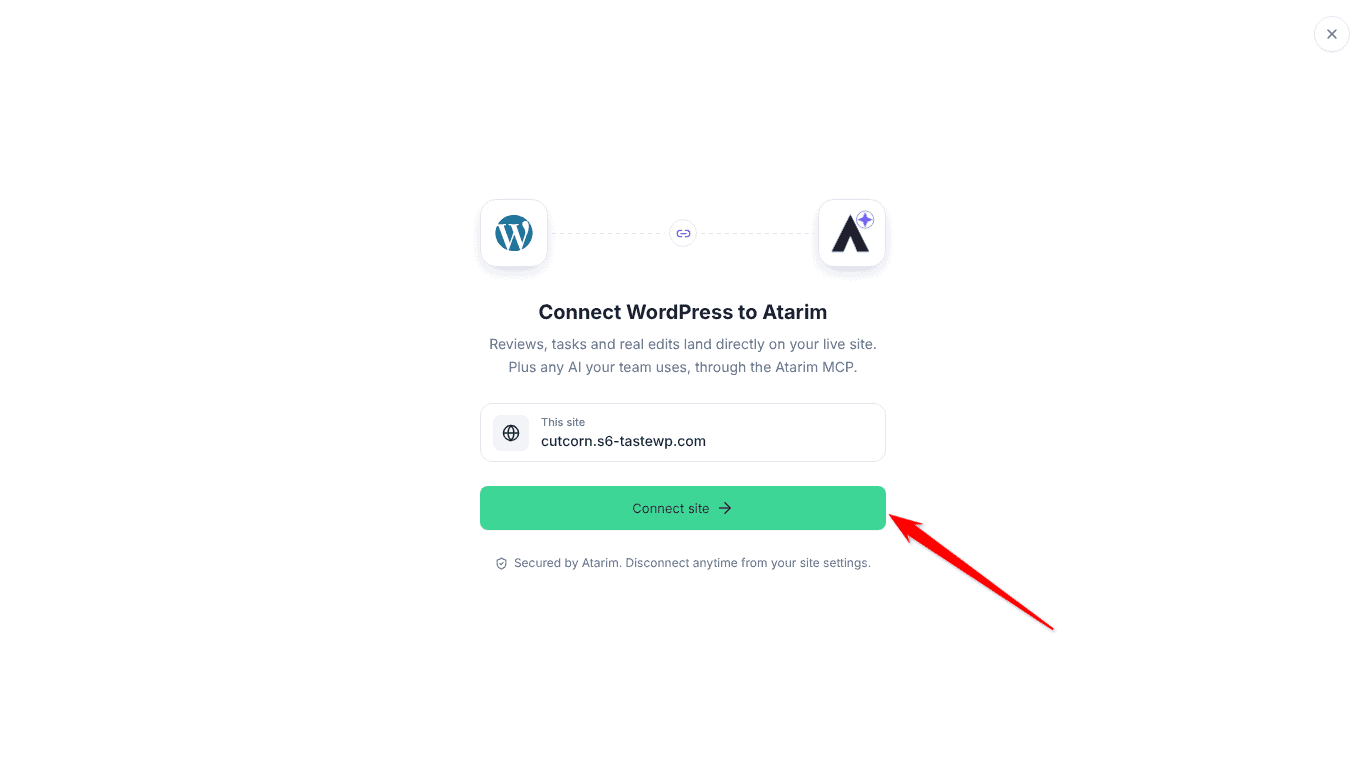 Connect WordPress to Atarim screen in WordPress with the site and the Connect site button