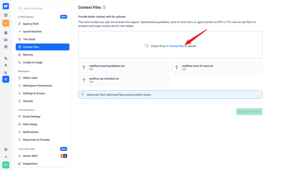 Context Files page with the drag-and-drop area, the Choose files link and three uploaded TXT files