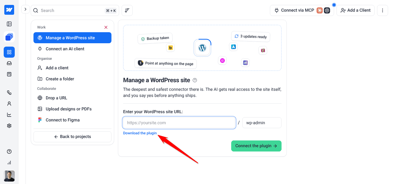 Manage a WordPress site panel with the Download the plugin link under the URL field
