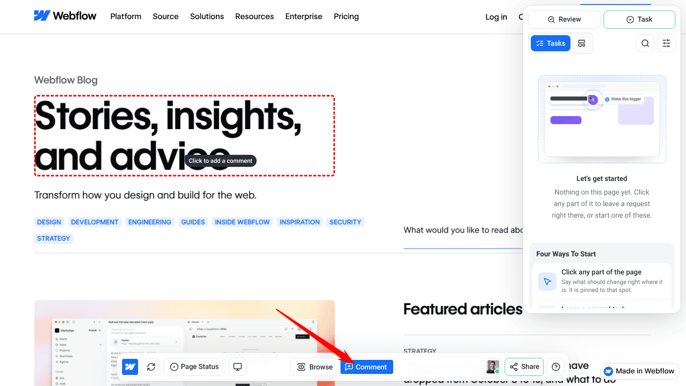 New project open in Collaborate with comment mode on and the task panel showing