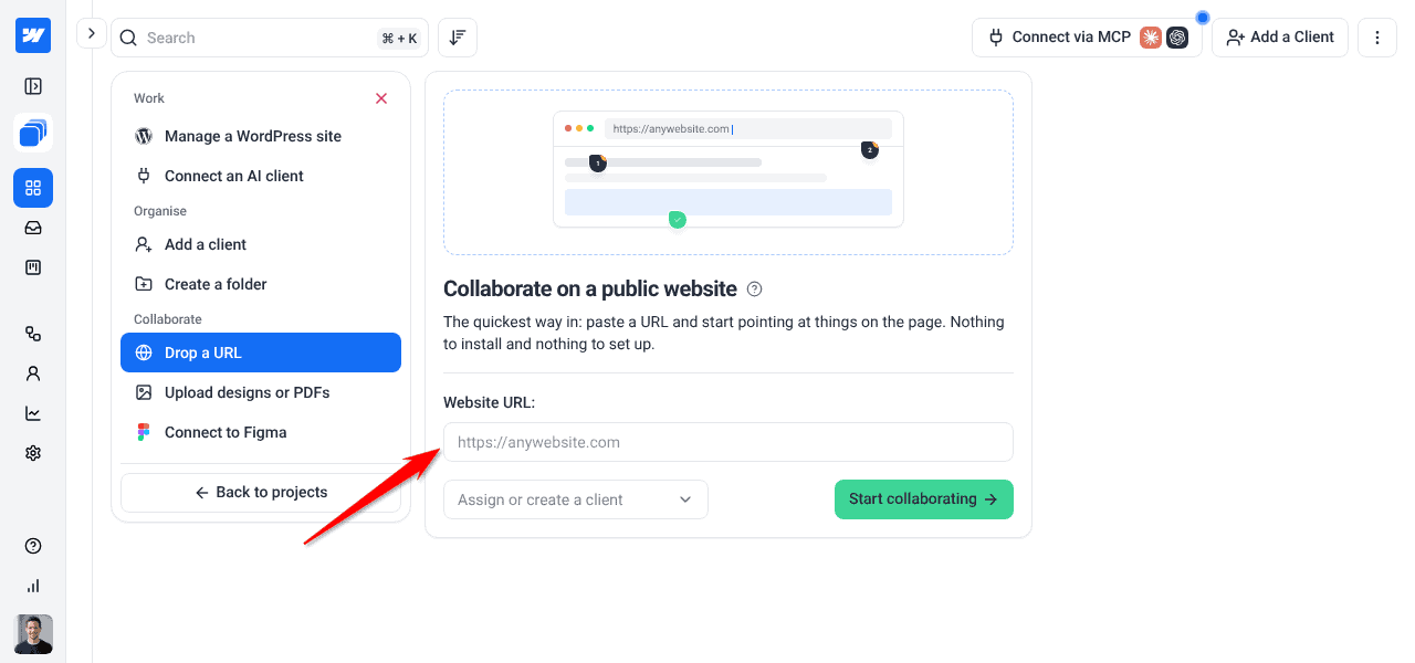 Collaborate on a public website panel with the empty Website URL field
