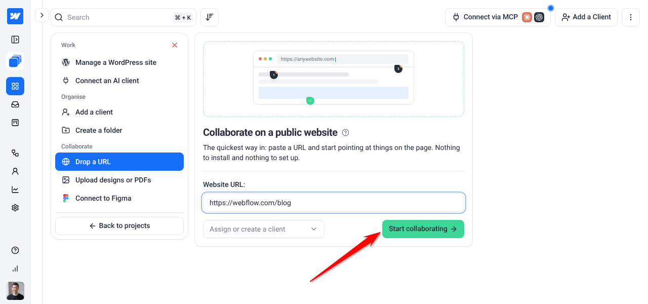 Website URL entered with the Start collaborating button ready