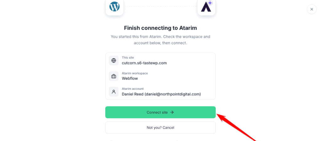 Finish connecting to Atarim screen listing the site, the Atarim workspace and the account, with the Connect site button