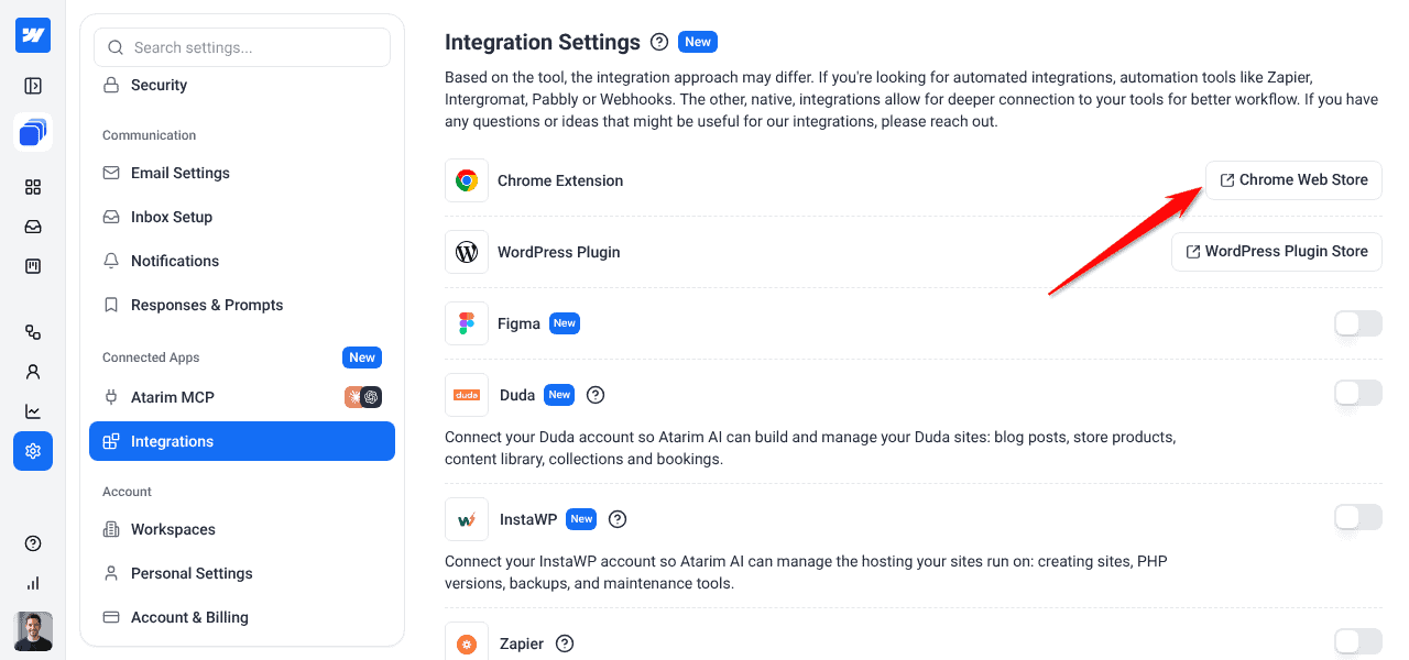 Settings, Integrations with the Chrome Web Store button on the Chrome Extension row