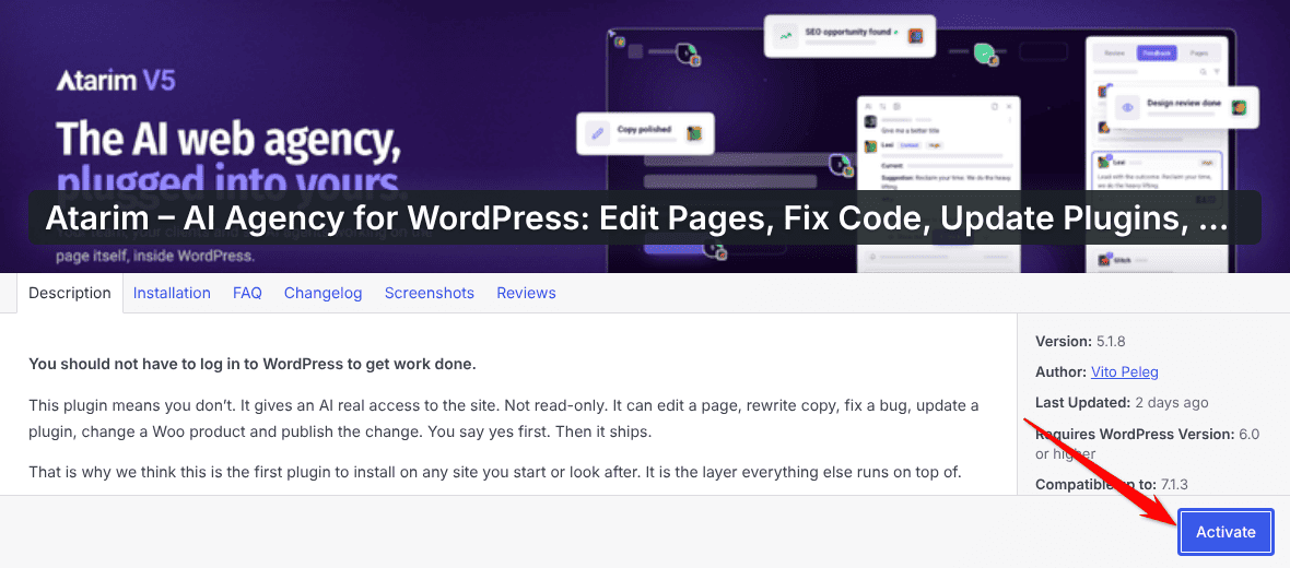 Atarim plugin page in WordPress with the Activate button