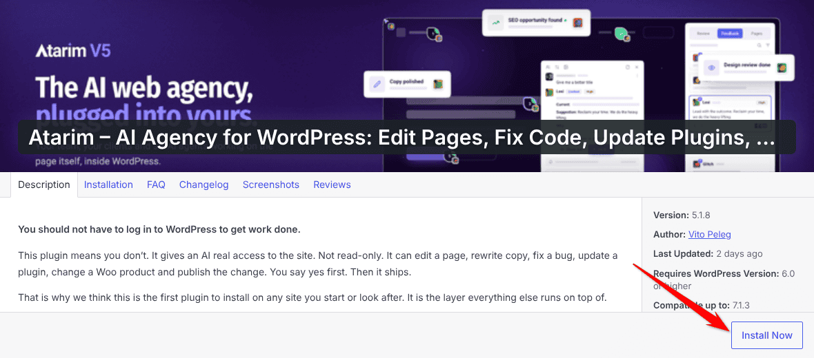 Atarim plugin page in WordPress with the Install Now button