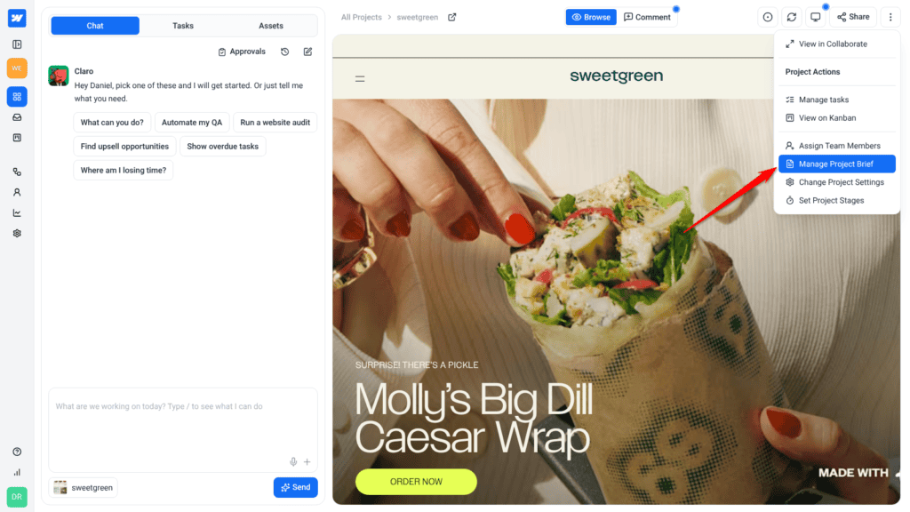 Collaborate view with the more menu open and Manage Project Brief highlighted