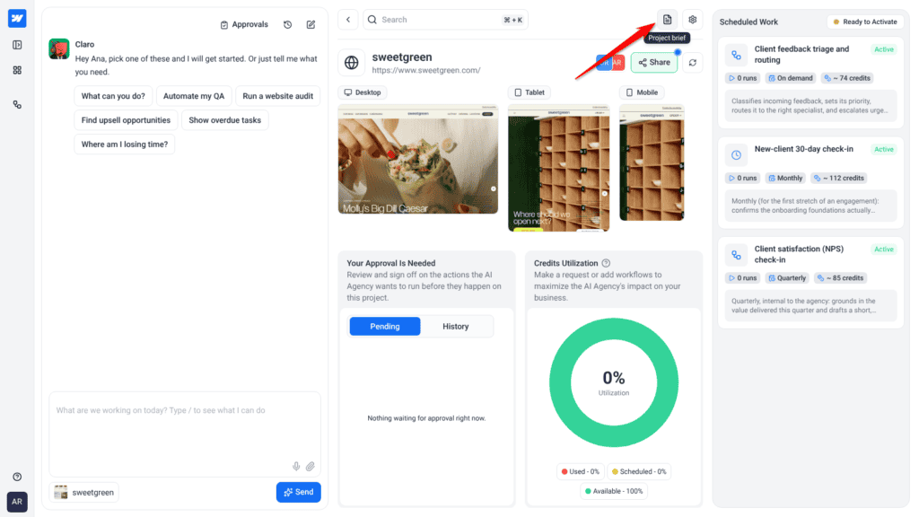 Website Owner's project dashboard with the Project brief icon and its tooltip