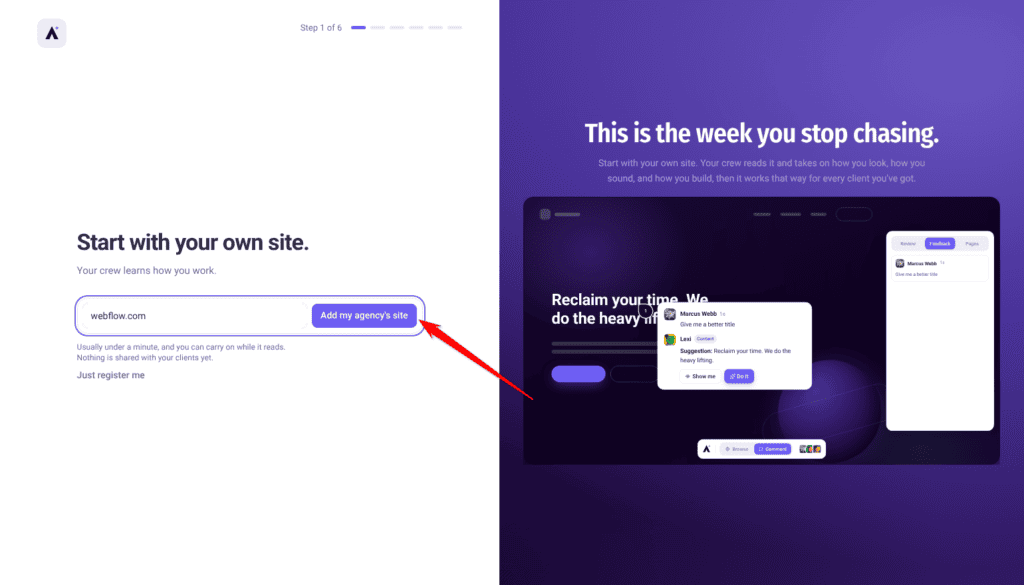 The agency URL entered, with the Add my agency's site button ready
