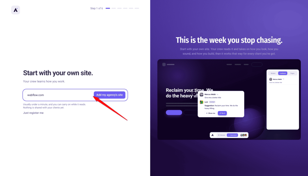 Wizard step 1 with the agency website URL entered in the field