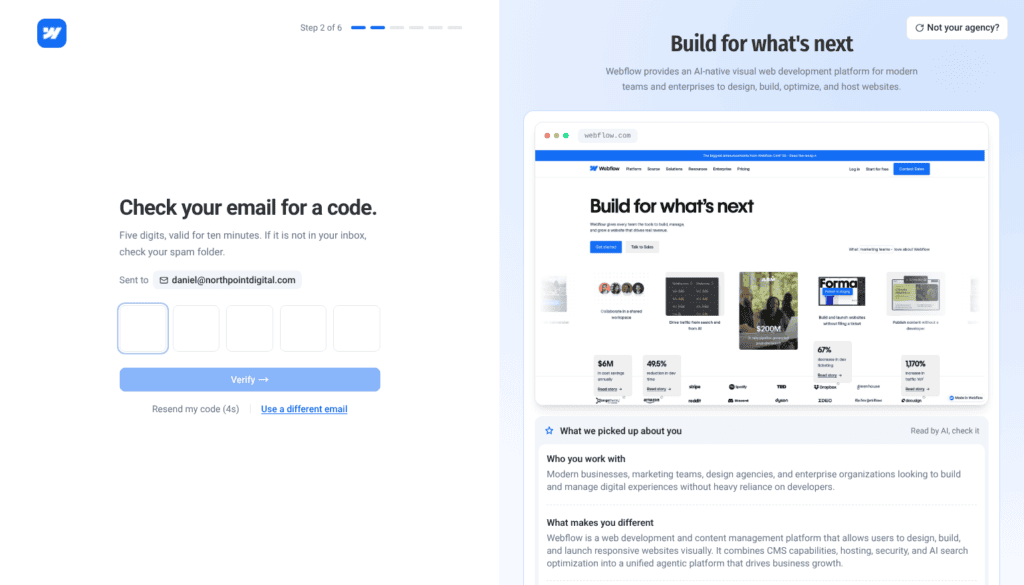Check your email for a code screen with five empty boxes and Verify
