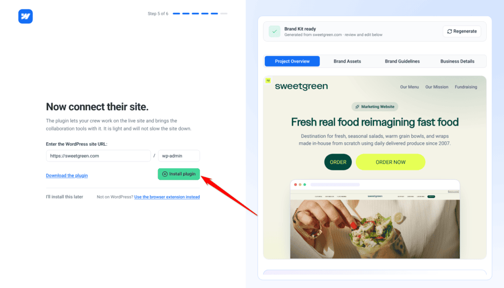 The connect step offering to install the Atarim plugin