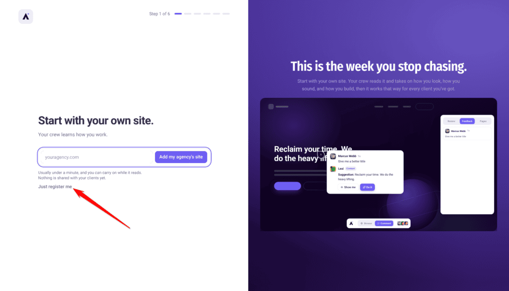 The Just register me link below the agency URL field