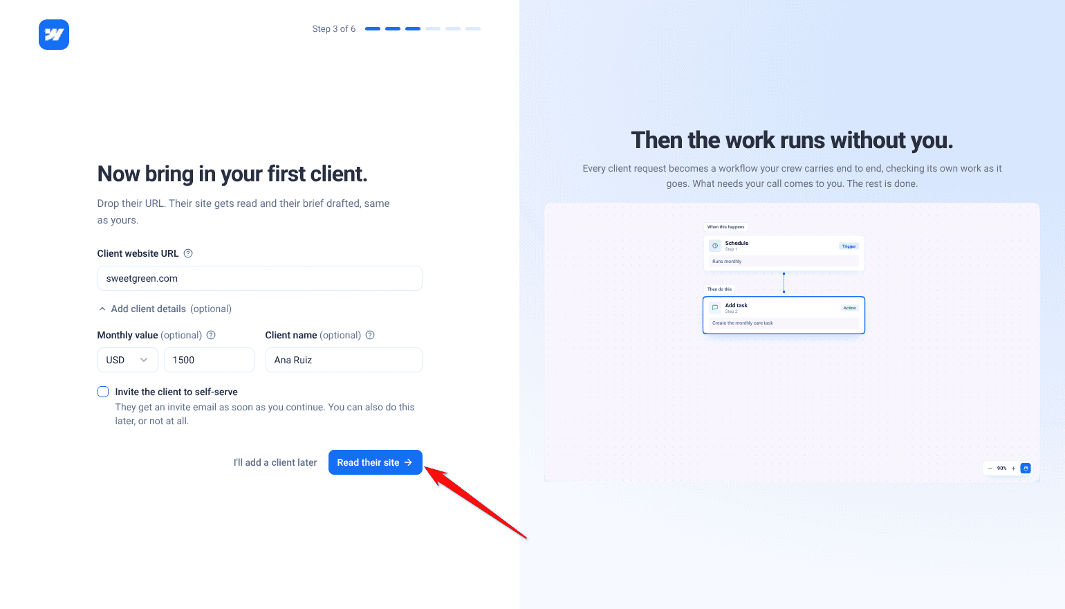 Step 3 of 6 with the client’s details filled in and the Read their site button highlighted