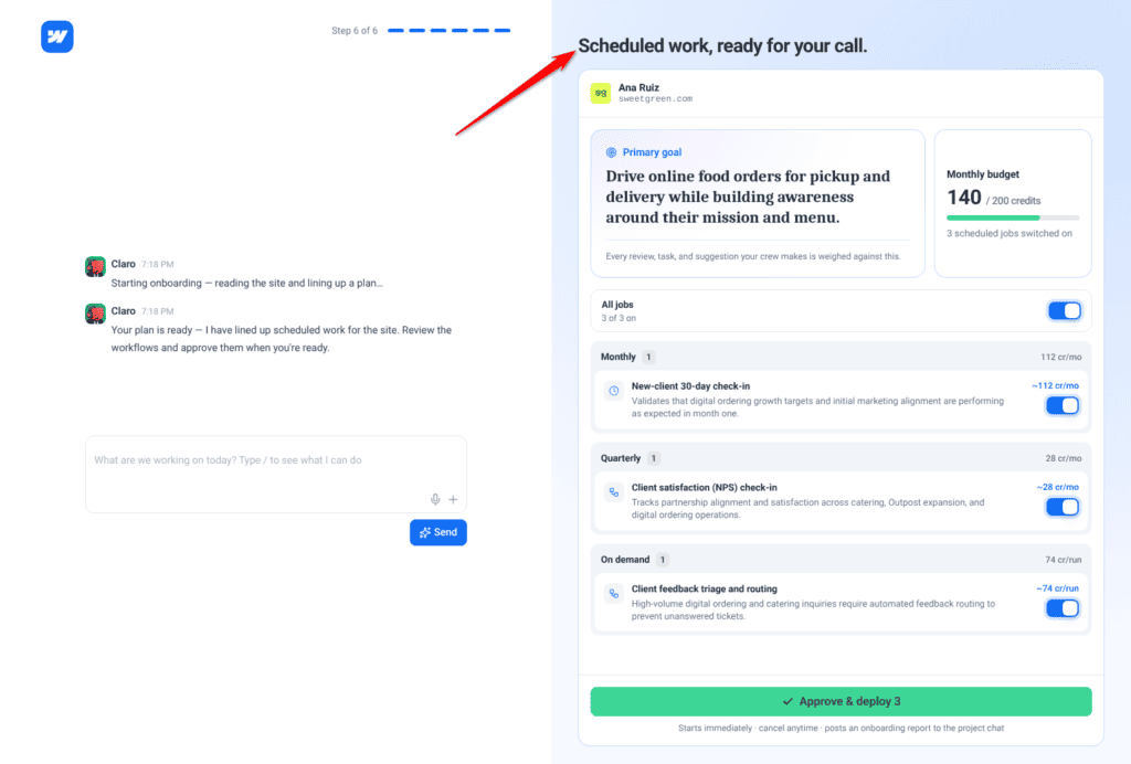 The scheduled work panel listing proposed workflows by cadence
