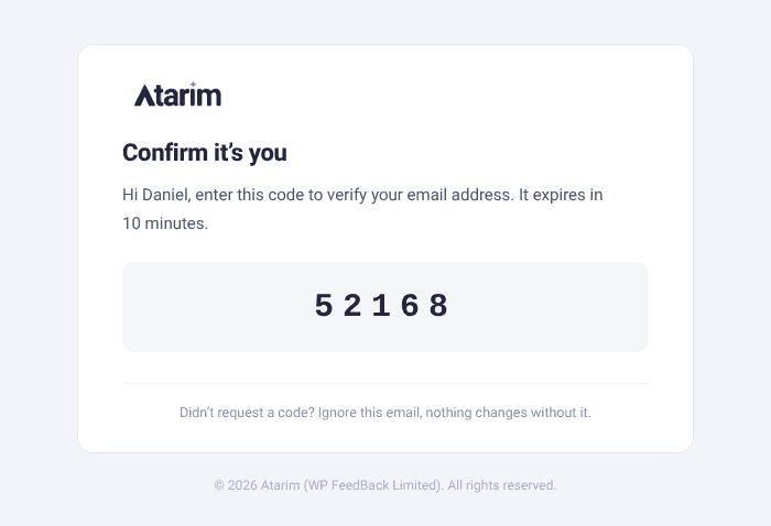 Atarim verification email titled Confirm it’s you, showing the five-digit code that expires in 10 minutes