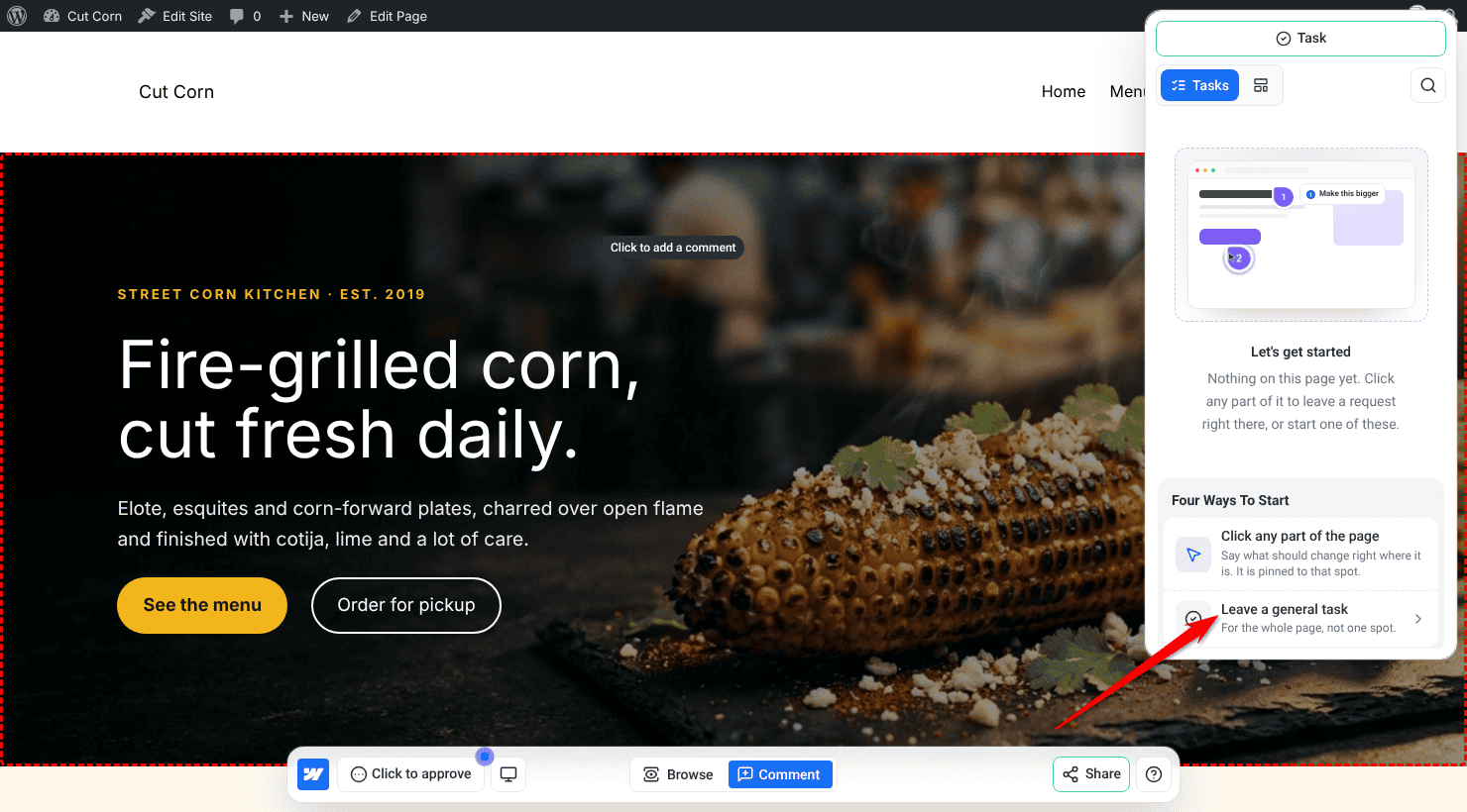 WordPress site front end with the Atarim panel open and the toolbar at the bottom of the page