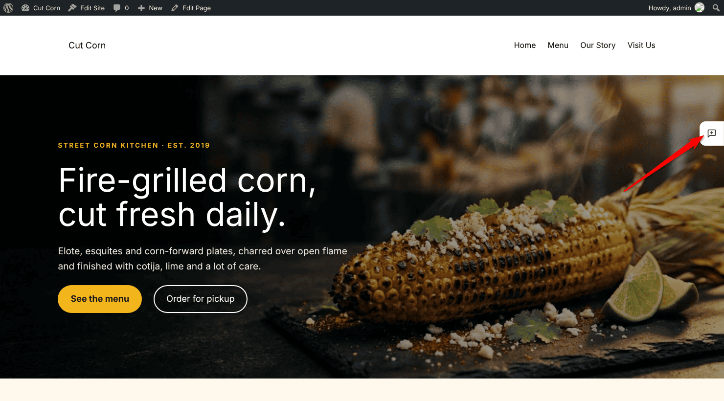WordPress site front end after connecting, with the Atarim tab on the right edge of the page