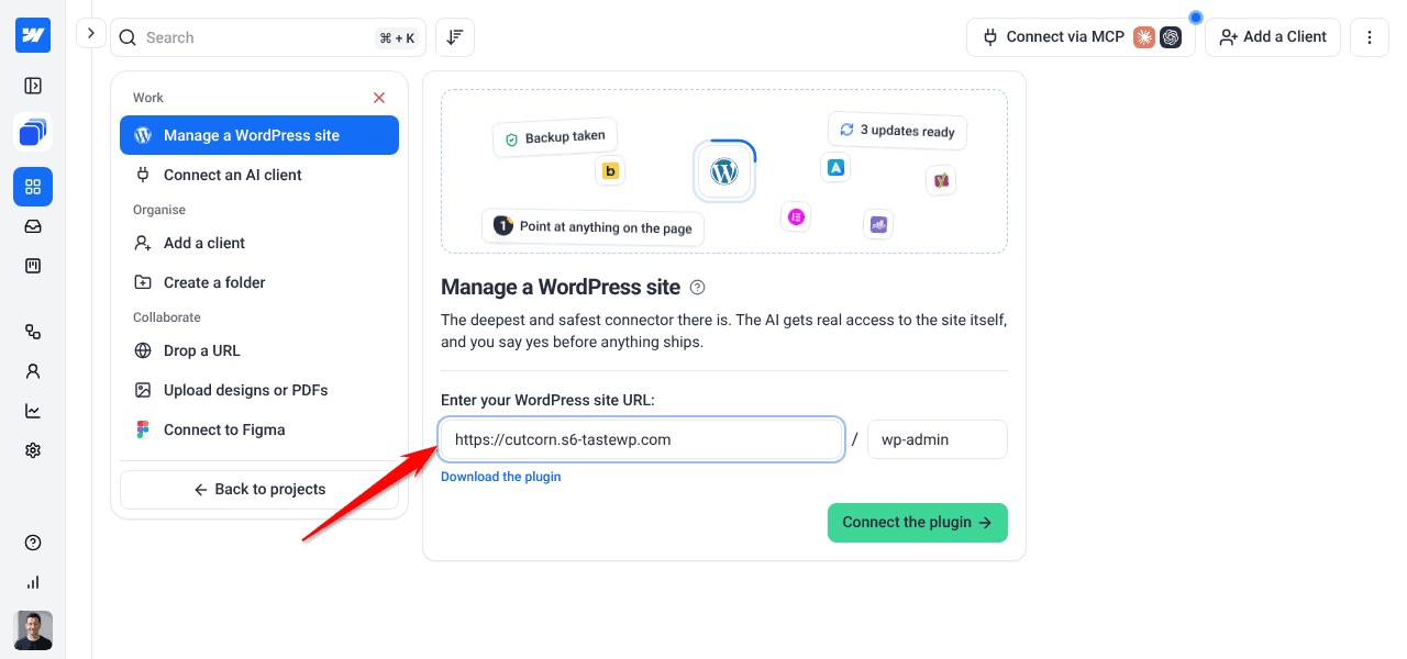 Manage a WordPress site panel with the WordPress site URL entered