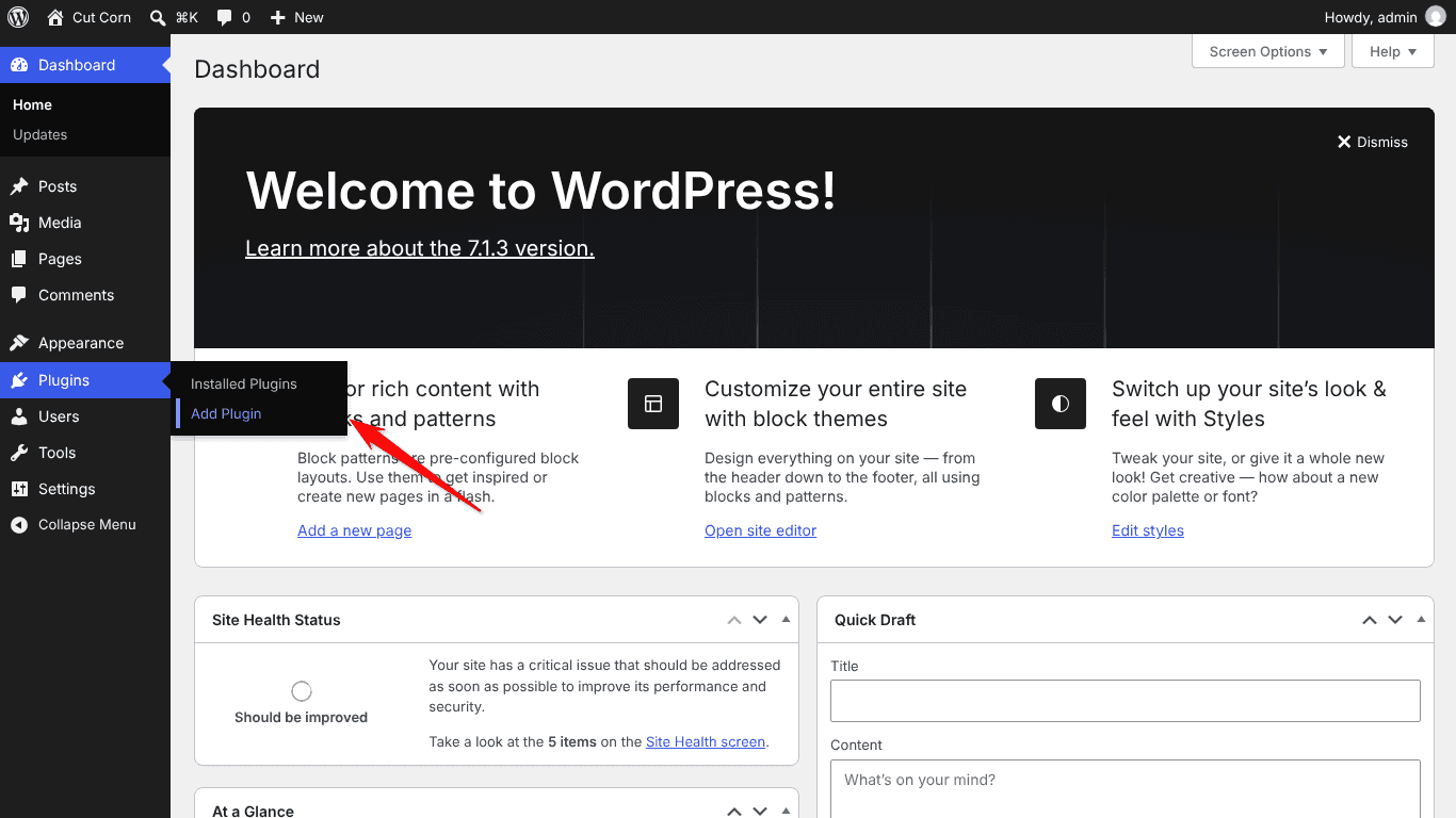 WordPress Plugins menu with Add Plugin highlighted