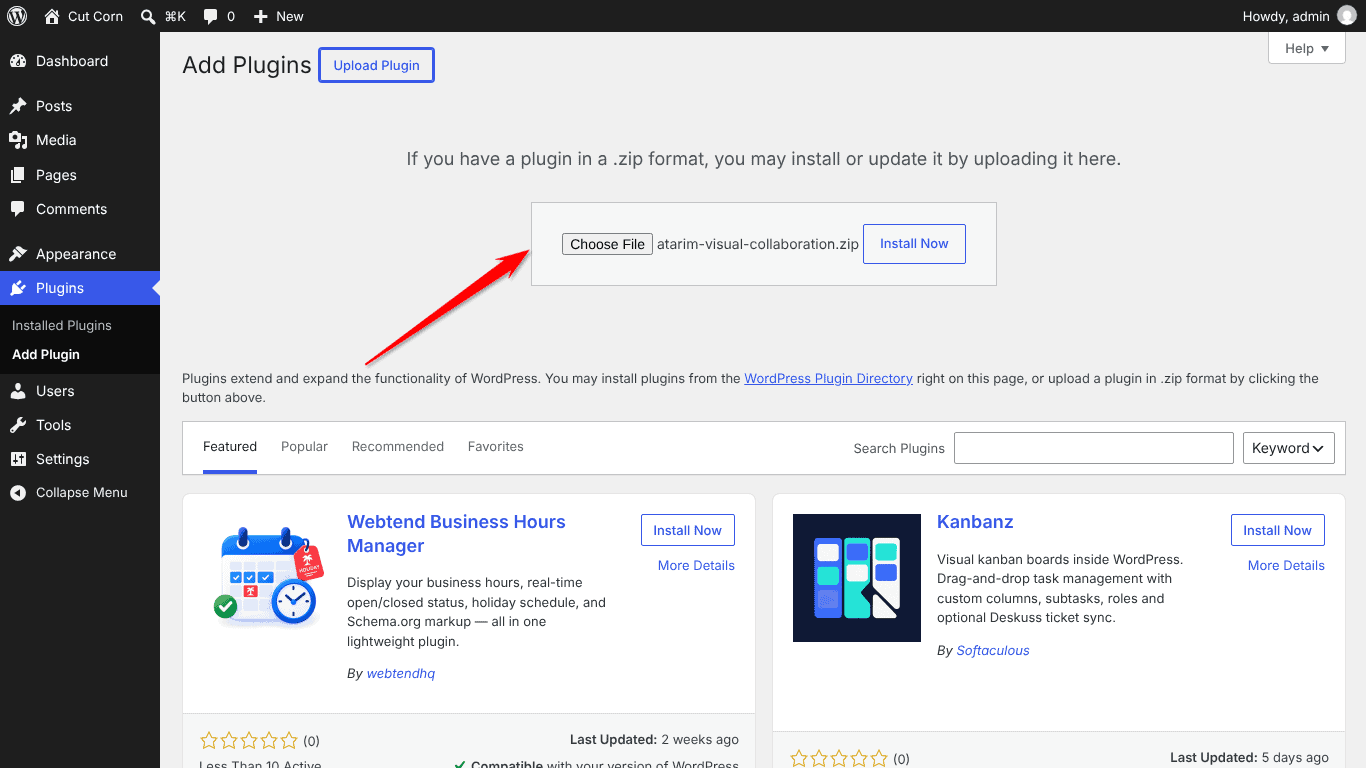 Upload area with the Atarim plugin ZIP selected