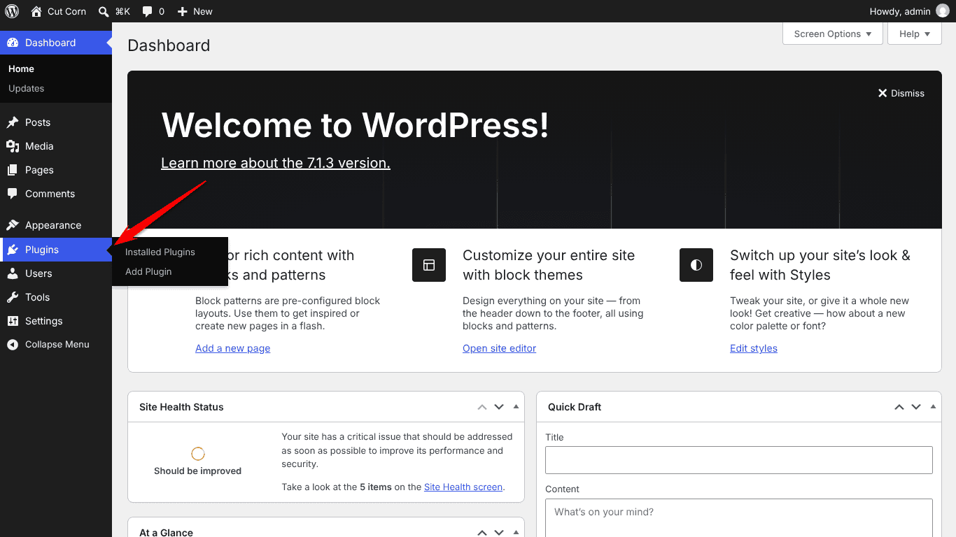WordPress admin sidebar with the Plugins menu open