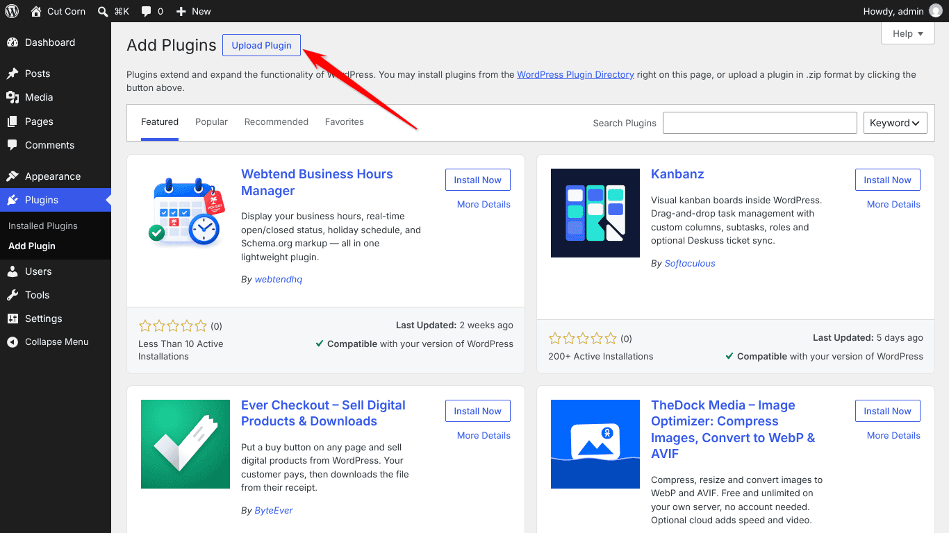 Upload Plugin button on the WordPress Add Plugins screen