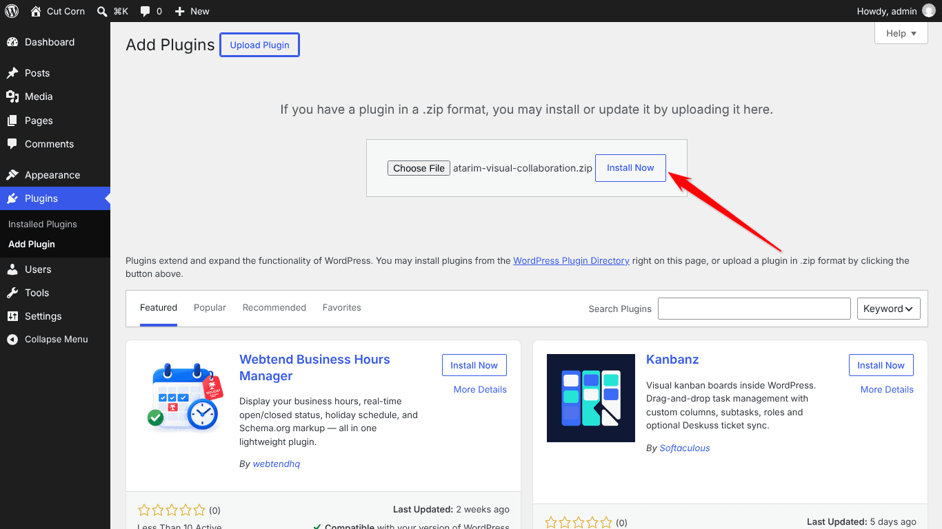 Install Now button for the uploaded Atarim plugin ZIP