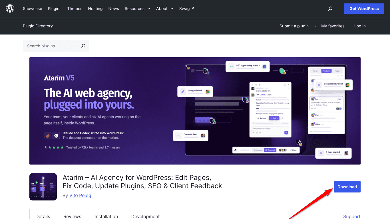 Atarim plugin page on WordPress.org with the Download button