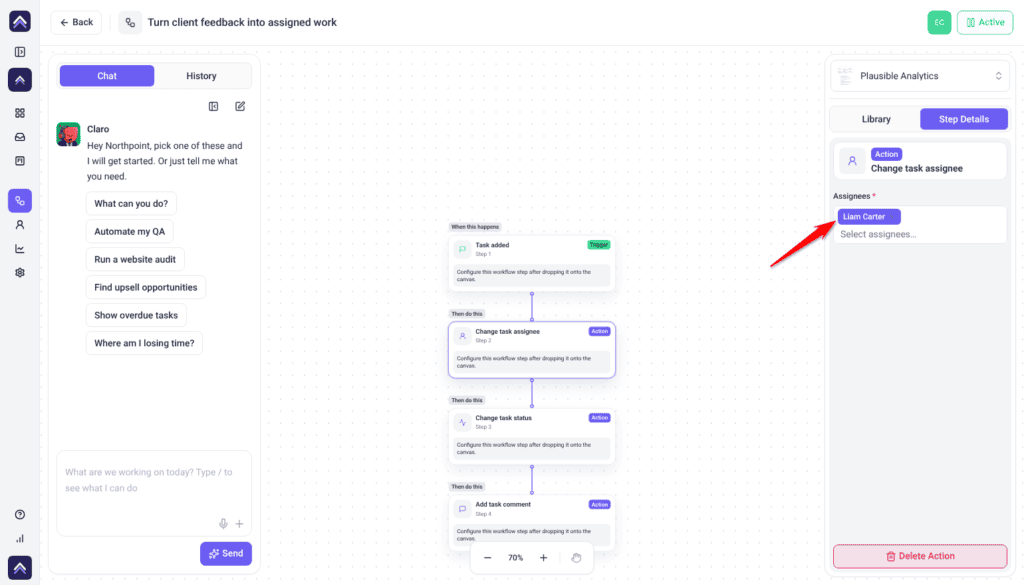 Workflow builder for Turn client feedback into assigned work, with the Change task assignee step selected on the canvas and the red arrow pointing at Liam Carter in the Assignees field on the Step Details tab.