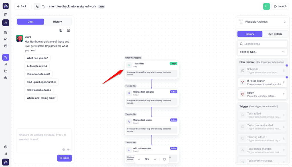 Workflow builder with a Task added trigger followed by Change task assignee, Change task status and Add task comment; arrow on the trigger
