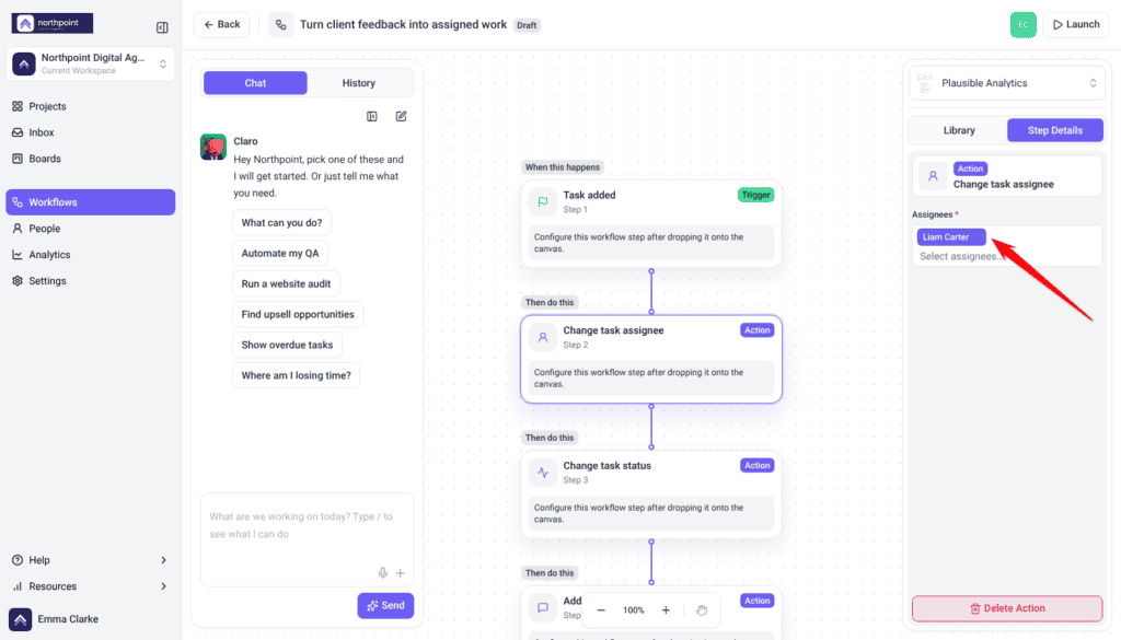 Turn client feedback into assigned work in the builder, Change task assignee selected, with the arrow on Liam Carter under Assignees