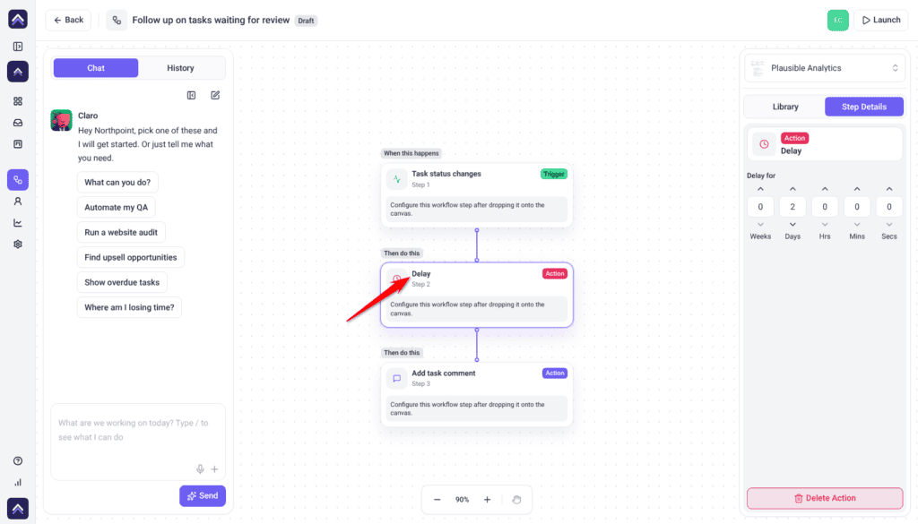 Follow up on tasks waiting for review workflow in Draft, with the red arrow pointing at the Delay step between Task status changes and Add task comment, and Delay for set to 2 Days on the Step Details tab.