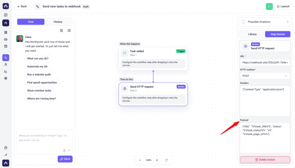 Send HTTP request step on the Step Details tab, with the red arrow pointing at the Payload field using the %%task_title%%, %%task_status%% and %%task_page_url%% placeholders.