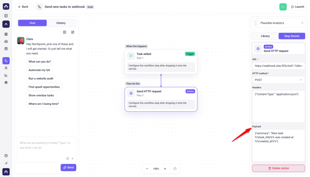Send HTTP request step on the Step Details tab, with the red arrow pointing at the Payload field mixing text with the %%task_title%% and %%created_at%% placeholders.