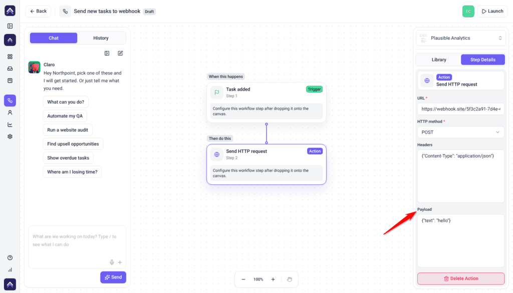 Send HTTP request step on the Step Details tab with a webhook.site URL and HTTP method POST, and the red arrow pointing at the Payload field containing {"text": "hello"}.